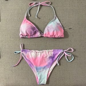 SHEIN Tie Dye Halter Bikini Top with Side Tie Bikini Bottoms